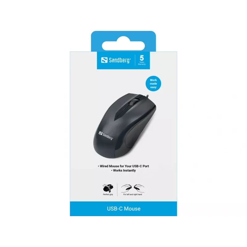 Mouse USB-C Sandberg, ambidestro, ottico, USB Type-C, 1200 DPI, nero