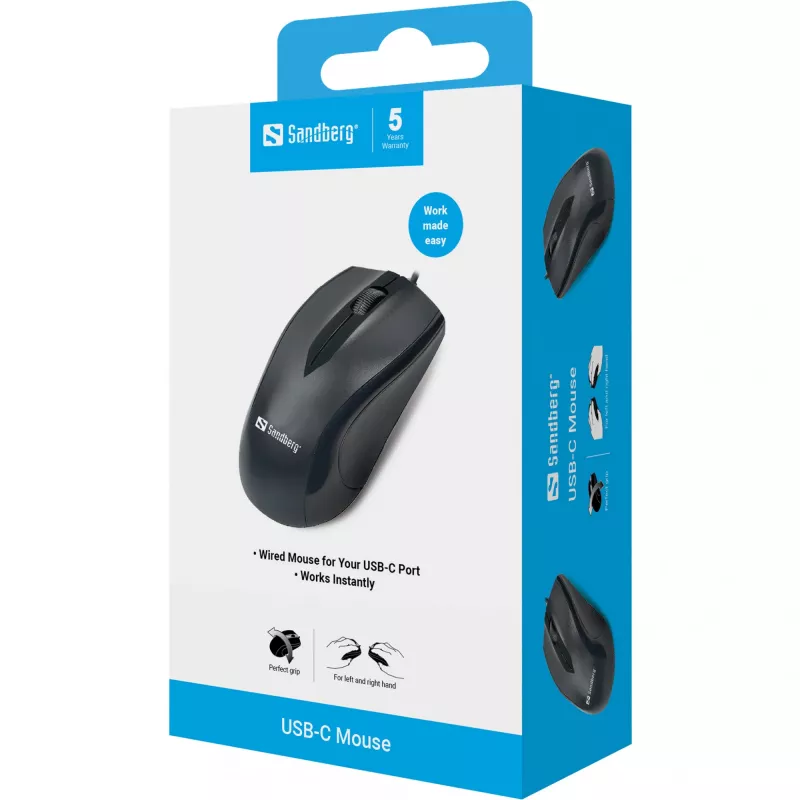 Mouse USB-C Sandberg, ambidestro, ottico, USB Type-C, 1200 DPI, nero
