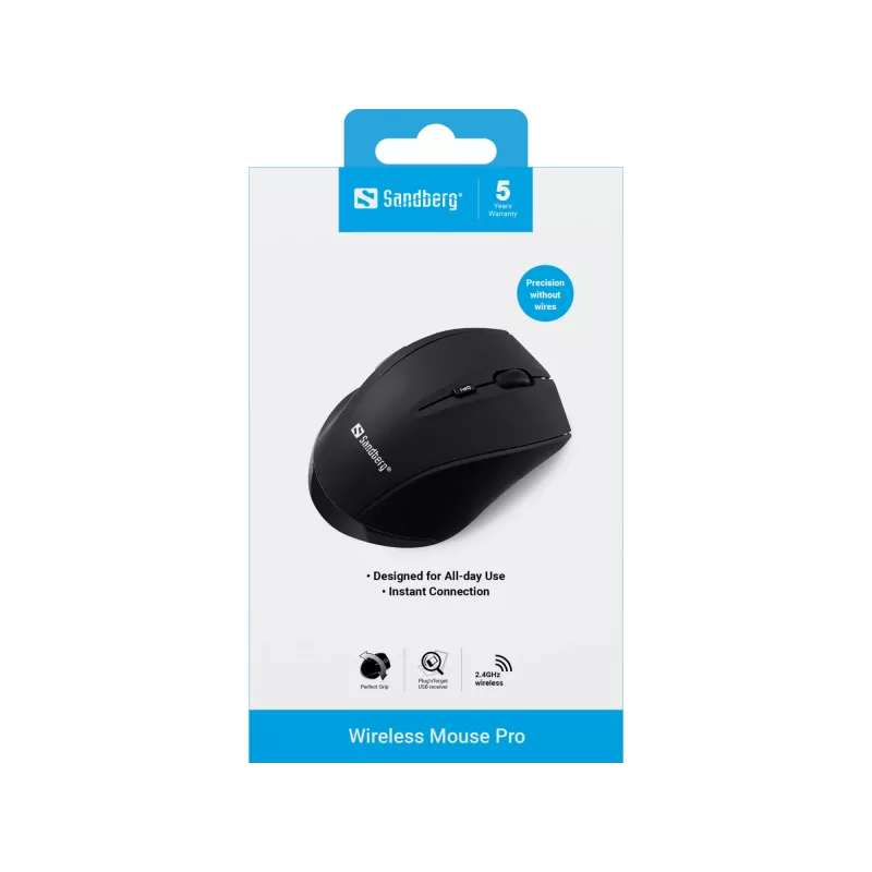 Mouse wireless Sandberg Pro, per destrorsi, ottico, RF Wireless, 1600 DPI, nero