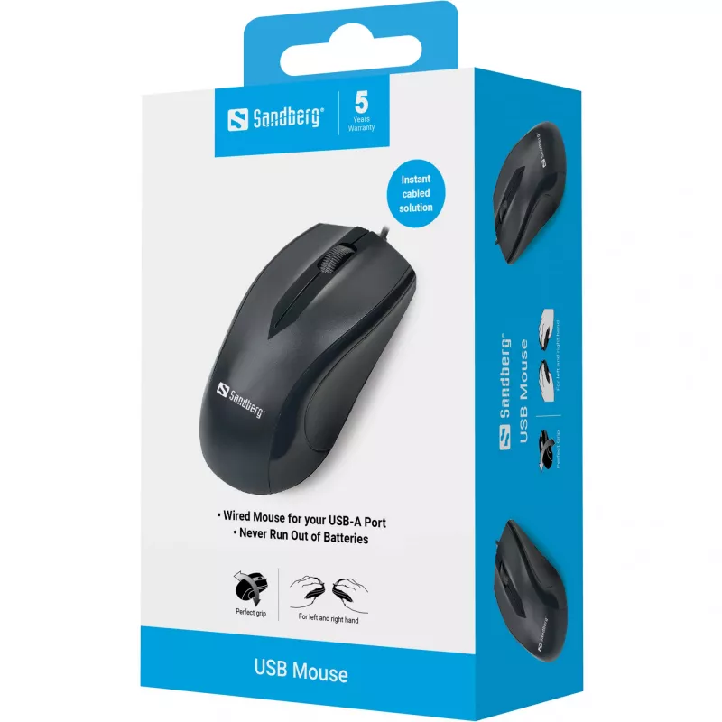 Mouse USB Sandberg, per destrorsi, ottico, USB Type-A, 1200 DPI, nero