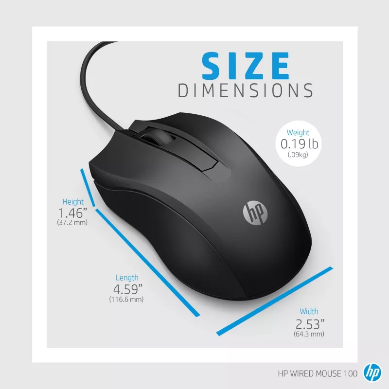Mouse cablato HP 100, ambidestro, ottico, USB Type-A, 1600 DPI, nero