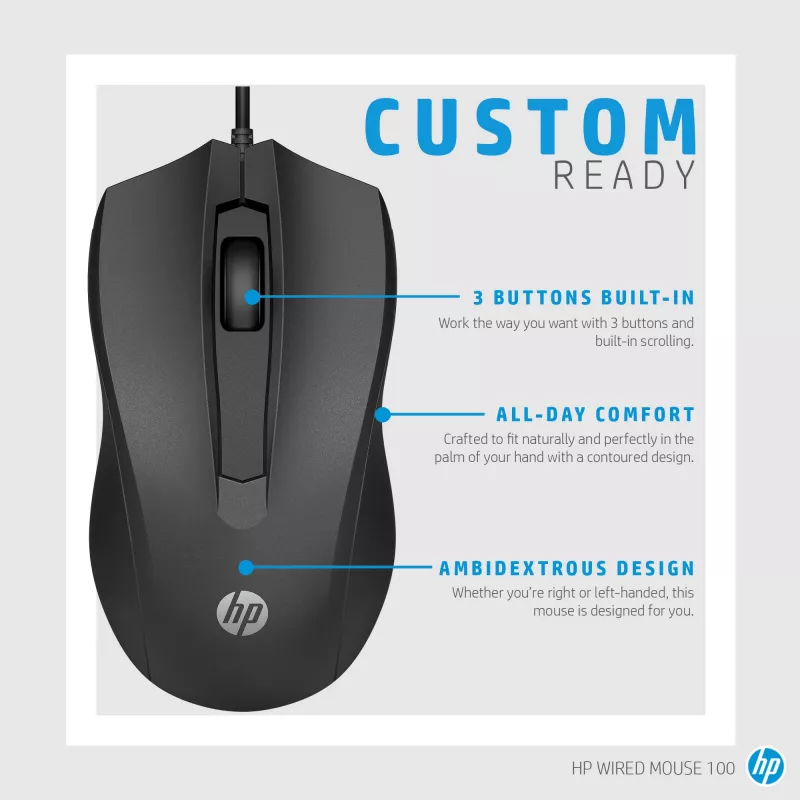Mouse cablato HP 100, ambidestro, ottico, USB Type-A, 1600 DPI, nero