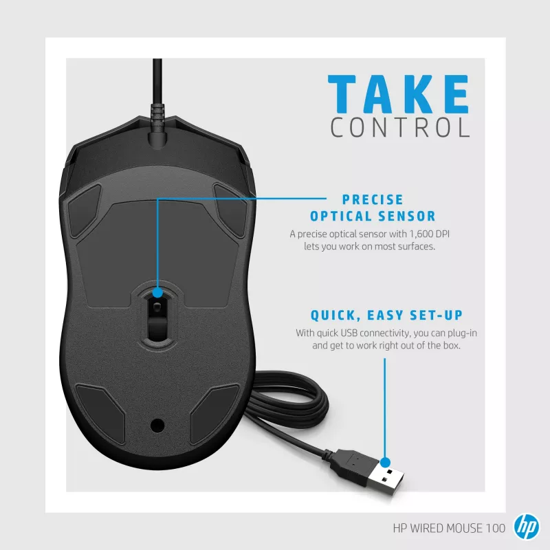 Mouse cablato HP 100, ambidestro, ottico, USB Type-A, 1600 DPI, nero