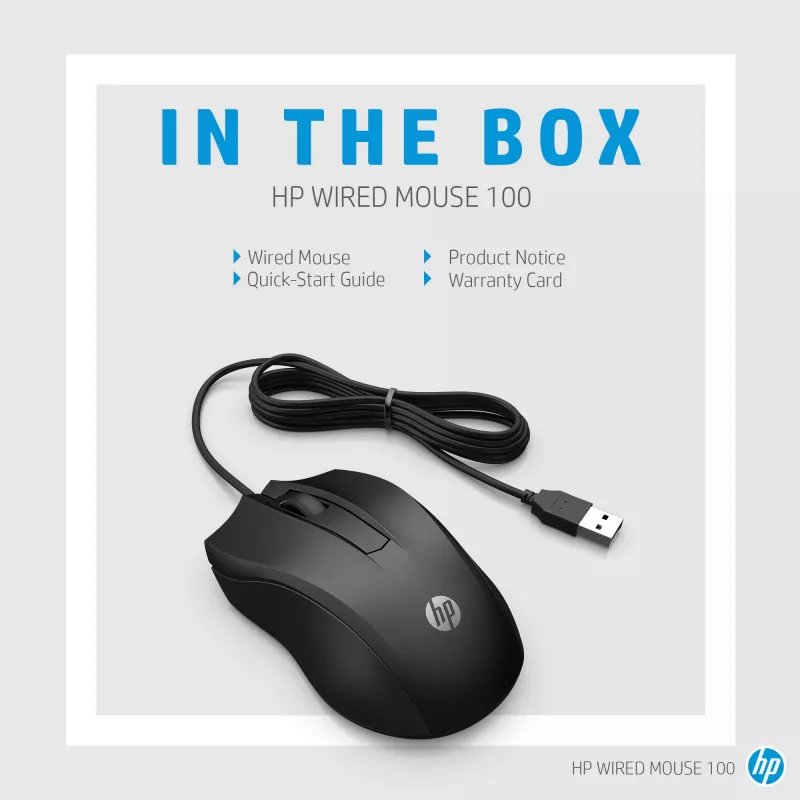 Mouse cablato HP 100, ambidestro, ottico, USB Type-A, 1600 DPI, nero
