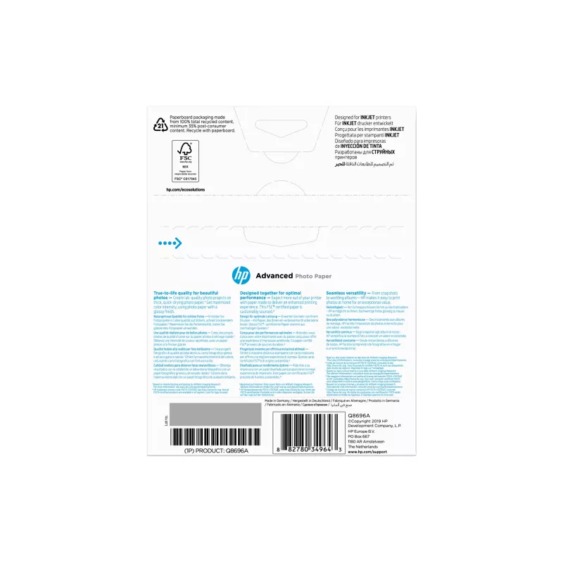 HP Q8696A Advanced Glossy carta fotografica lucida senza bordi, 250 g/m², 13 x 18 cm (130 x 180 mm), 25 fogli