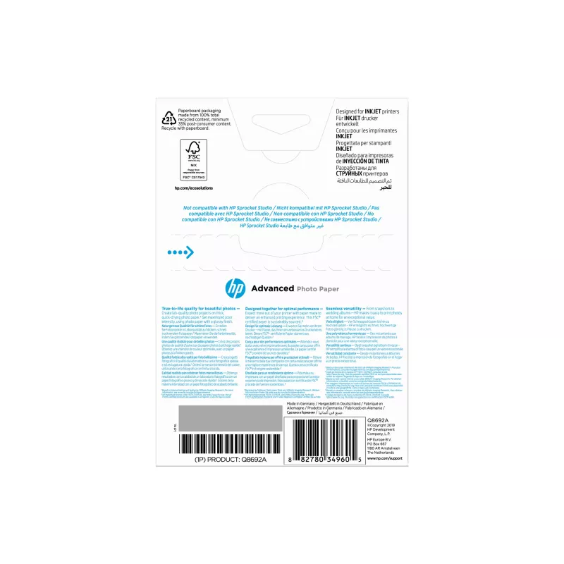 HP Advanced Photo Paper Glossy 250 g/m² 10 x 15 cm (101 x 152 mm) 100 fogli