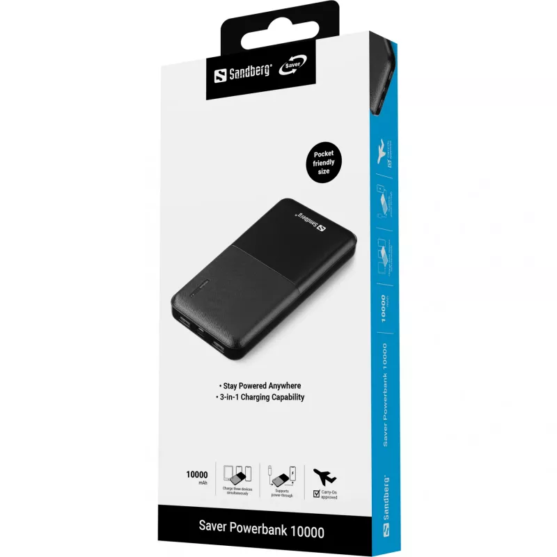 Sandberg Saver Powerbank 10000, 10000 mAh, litio-polimero (LiPo), nero