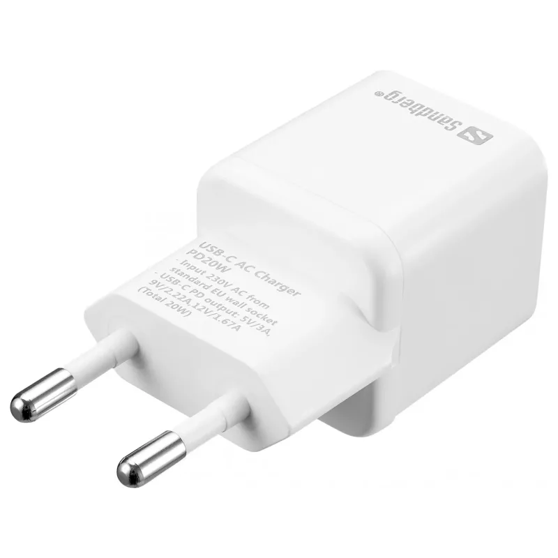 Caricabatterie AC Sandberg USB-C PD20W EU, per interni, AC, 5 V, 3 A, bianco