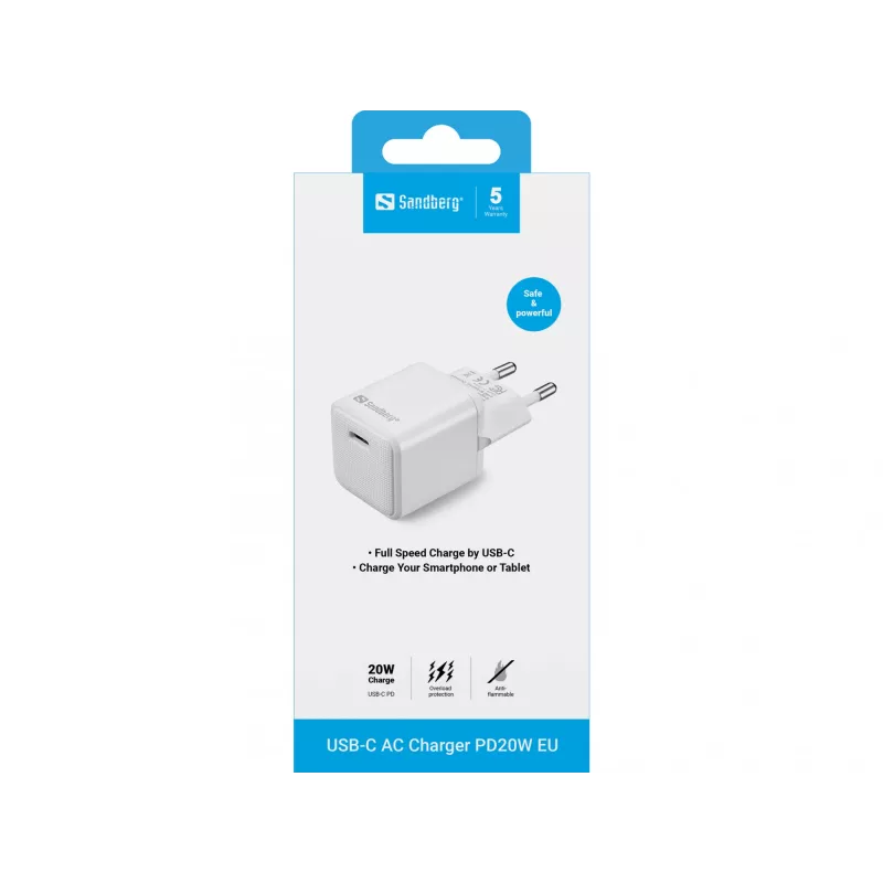 Caricabatterie AC Sandberg USB-C PD20W EU, per interni, AC, 5 V, 3 A, bianco