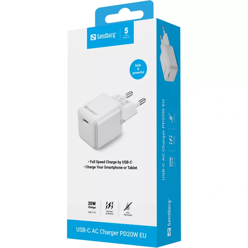 Caricabatterie AC Sandberg USB-C PD20W EU, per interni, AC, 5 V, 3 A, bianco