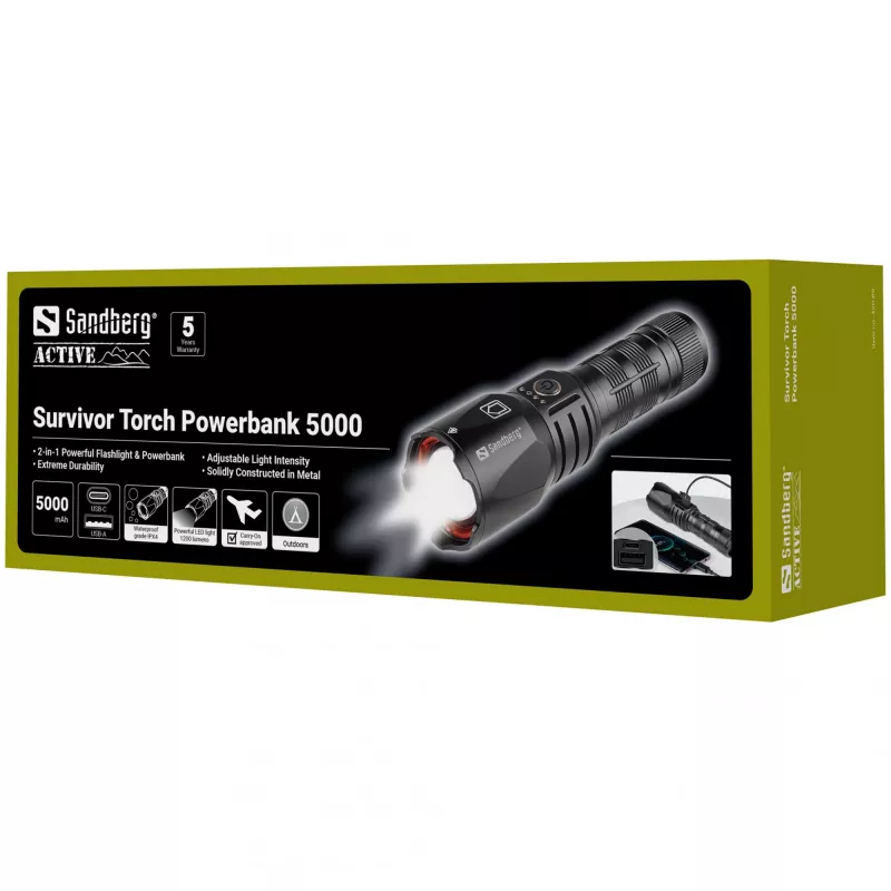 Sandberg Survivor Torch Powerbank 5000, torcia portatile, nero, alluminio, IPX4, -30 – 40 °C, FCC, RoHS, UKCA, CE