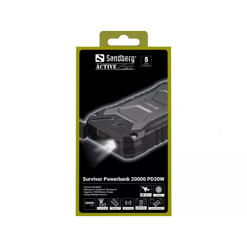 Sandberg Survivor Powerbank 20000 PD30W, 20000 mAh, ricarica wireless, nero