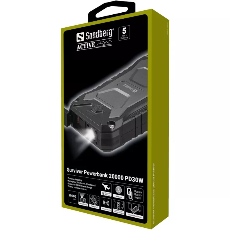 Sandberg Survivor Powerbank 20000 PD30W, 20000 mAh, ricarica wireless, nero