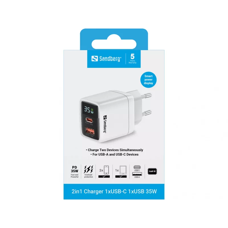 Caricabatterie Sandberg 2in1 1xUSB-C 1xUSB 35W per interni AC universale