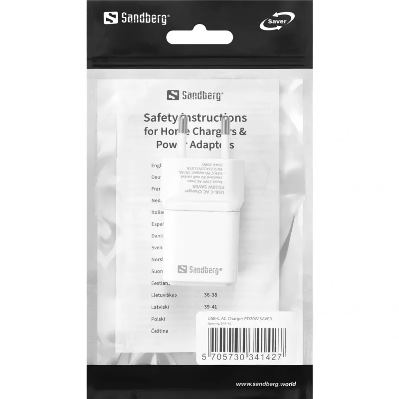 Caricabatterie AC Sandberg USB-C PD20W SAVER, per interni, AC, 12 V, 3 A, bianco