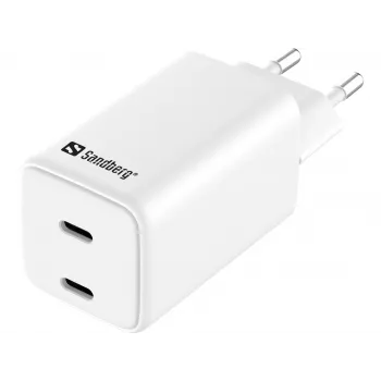 Caricabatterie AC Sandberg Dual USB-C PD65W EU, per interni, AC, 20 V, 3,25 A, bianco