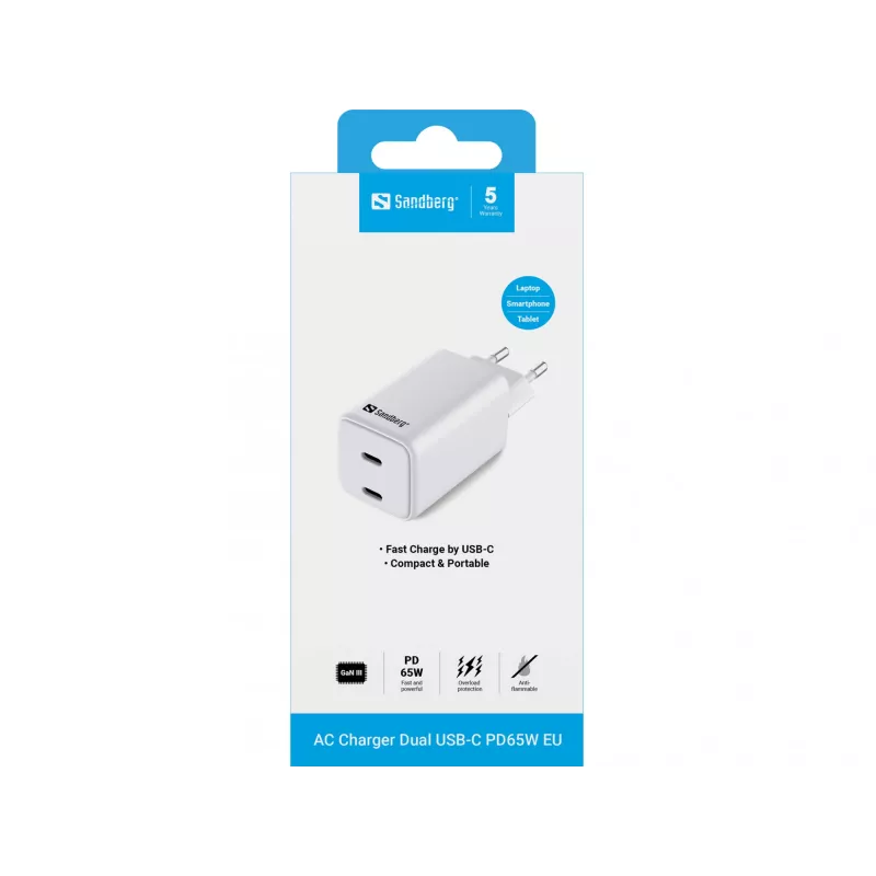 Caricabatterie AC Sandberg Dual USB-C PD65W EU, per interni, AC, 20 V, 3,25 A, bianco
