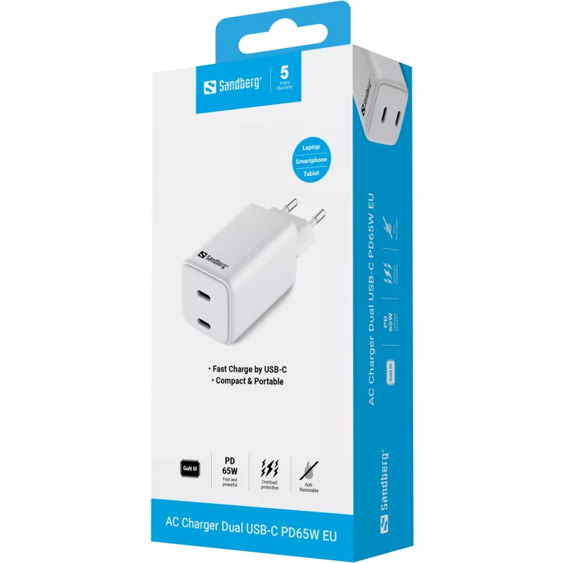 Caricabatterie AC Sandberg Dual USB-C PD65W EU, per interni, AC, 20 V, 3,25 A, bianco