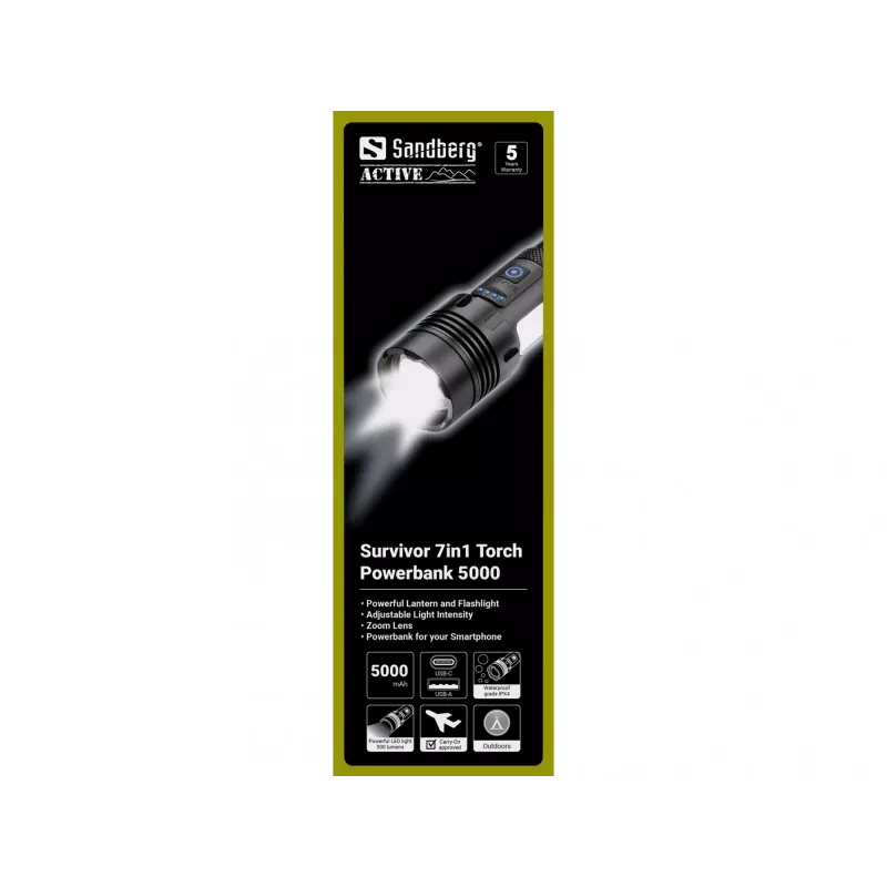 Sandberg Survivor 7in1 Torch Powerbank 5000, torcia portatile, nero, alluminio, LED, 2 lampade, 200 lm