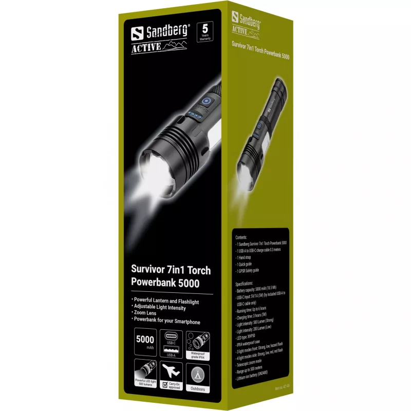 Sandberg Survivor 7in1 Torch Powerbank 5000, torcia portatile, nero, alluminio, LED, 2 lampade, 200 lm