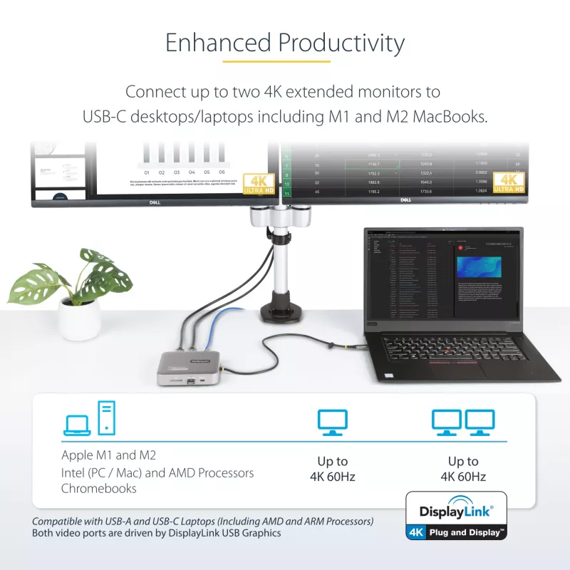 StarTech.com docking station USB-C, doppio 4K 60Hz HDMI, compatibile con Macbook Pro (M1/M2/M3/M4) e Windows, hub USB-A/USB-C 10Gbps, 100W Power Delivery, GbE, SD, cavo 56cm