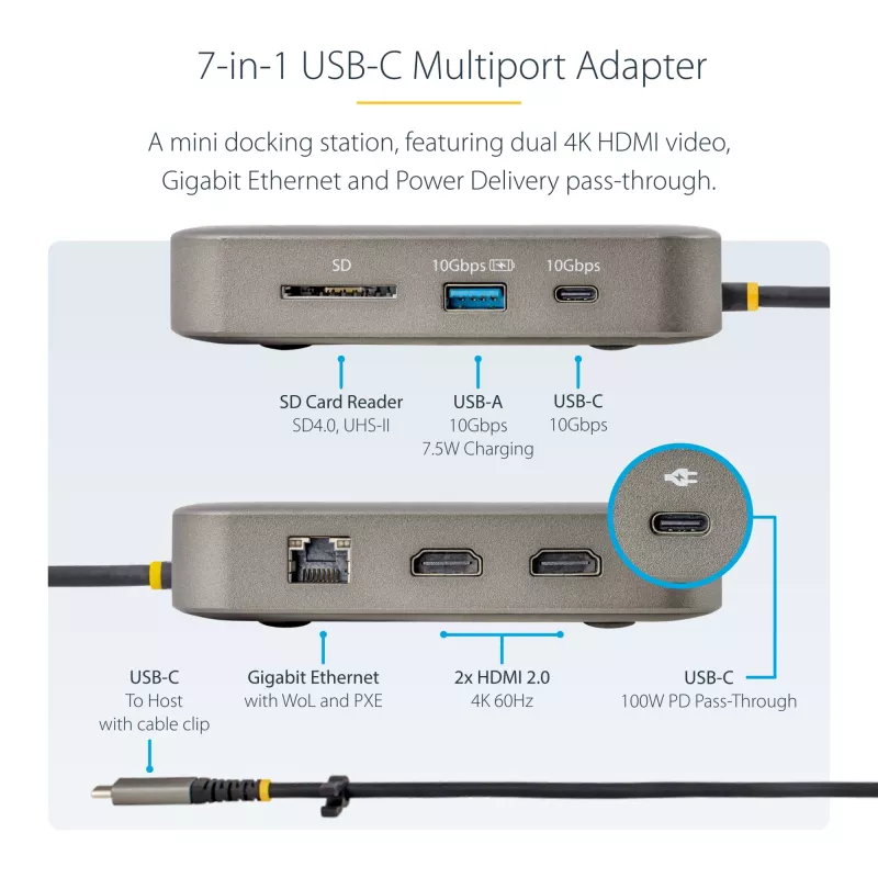 StarTech.com docking station USB-C, doppio 4K 60Hz HDMI, compatibile con Macbook Pro (M1/M2/M3/M4) e Windows, hub USB-A/USB-C 10Gbps, 100W Power Delivery, GbE, SD, cavo 56cm