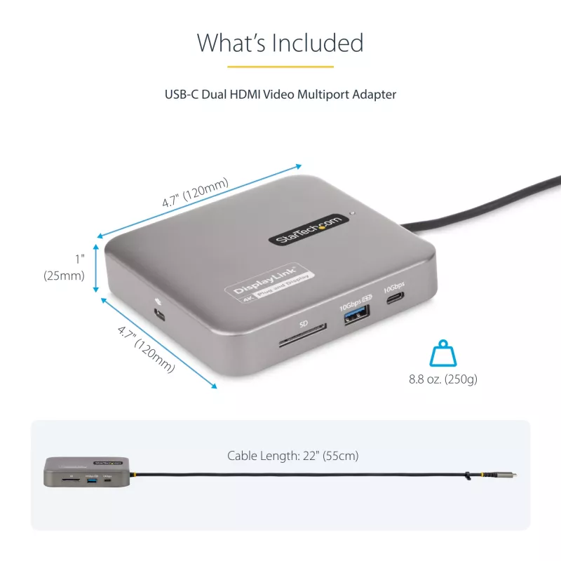 StarTech.com docking station USB-C, doppio 4K 60Hz HDMI, compatibile con Macbook Pro (M1/M2/M3/M4) e Windows, hub USB-A/USB-C 10Gbps, 100W Power Delivery, GbE, SD, cavo 56cm