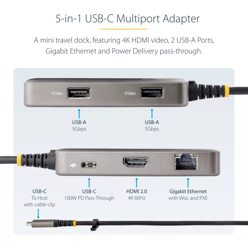 StarTech.com Adattatore multiporta USB-C – HDMI 4K 60Hz – HDR – hub USB 3.0 a 2 porte 5Gbps – Power Delivery pass-through 100W – GbE – certificato Works with Chromebook – Windows/macOS