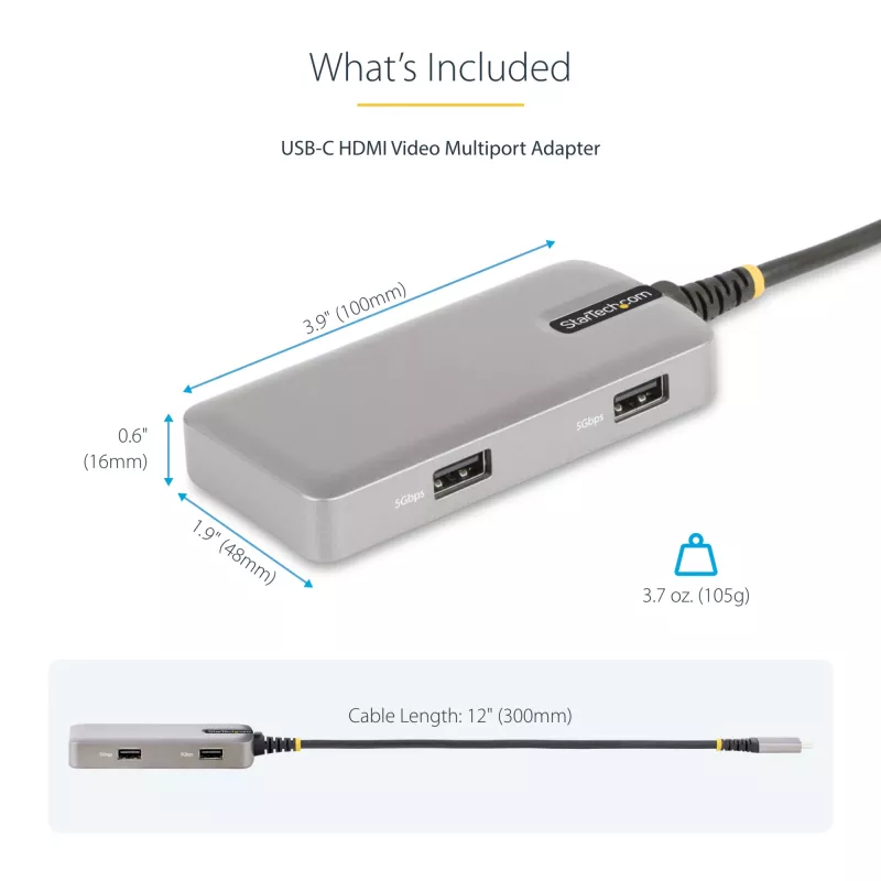 StarTech.com Adattatore multiporta USB-C – HDMI 4K 60Hz – HDR – hub USB 3.0 a 2 porte 5Gbps – Power Delivery pass-through 100W – GbE – certificato Works with Chromebook – Windows/macOS
