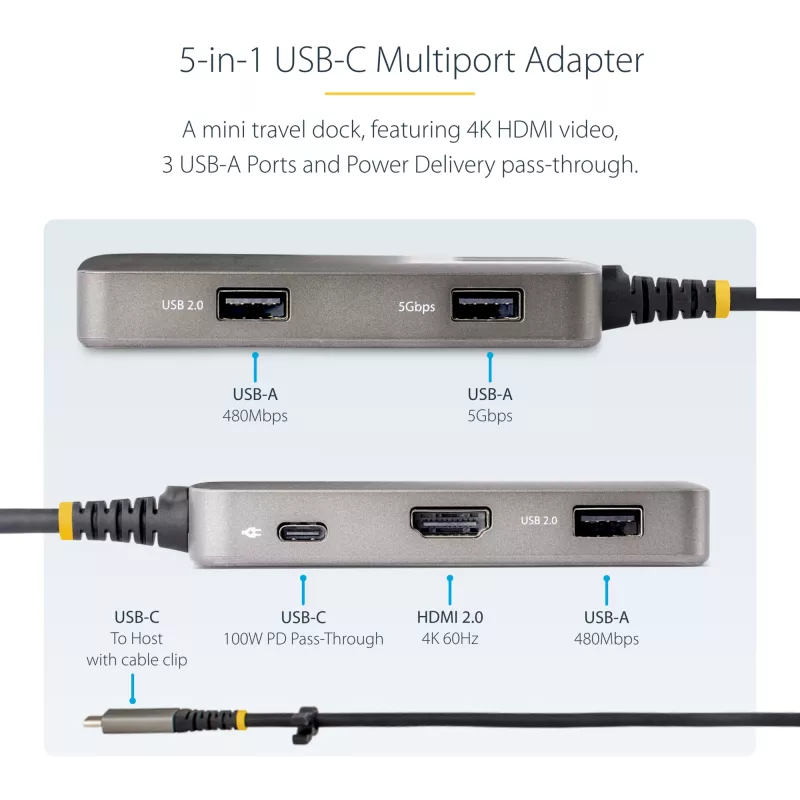 StarTech.com adattatore multiporta USB-C - 4K 60Hz HDMI con HDR - hub USB a 3 porte - 100W Power Delivery pass-through - certificato Works With Chromebook - Windows/macOS/iPadOS/Android™