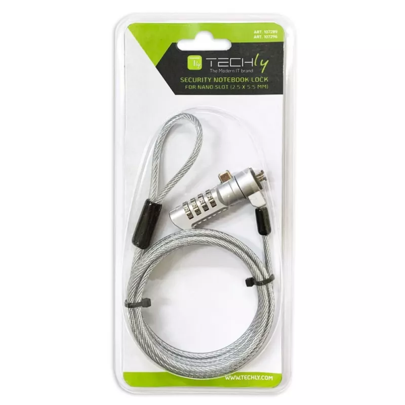 Techly lucchetto di sicurezza a combinazione per notebook per slot Nano, 1,8 m, lucchetto a combinazione, metallo, acciaio, argento