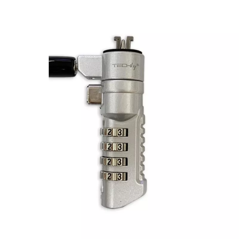 Techly lucchetto di sicurezza a combinazione per notebook per slot Nano, 1,8 m, lucchetto a combinazione, metallo, acciaio, argento