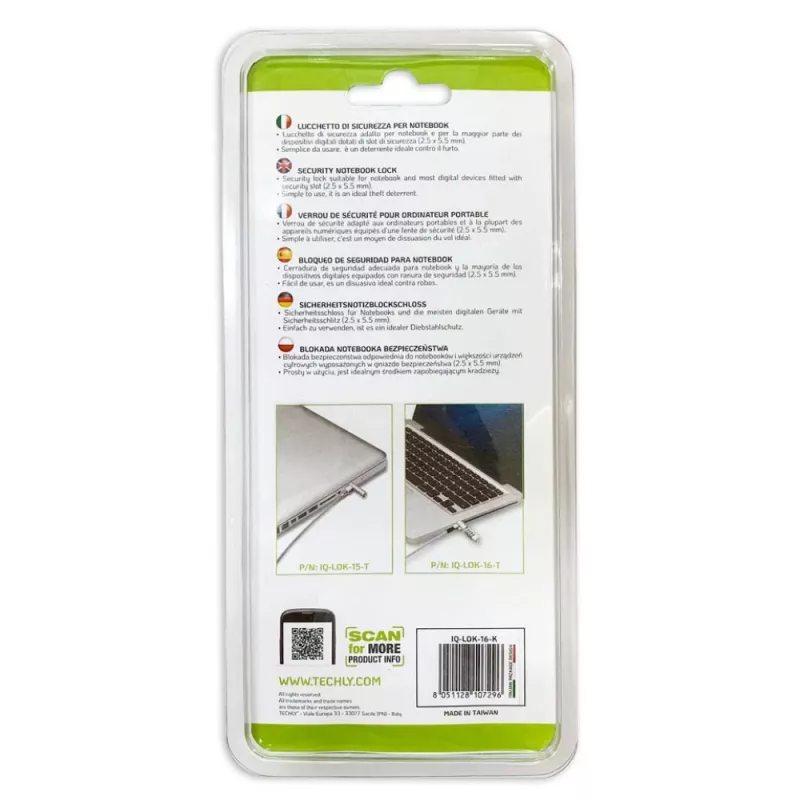 Techly lucchetto di sicurezza a combinazione per notebook per slot Nano, 1,8 m, lucchetto a combinazione, metallo, acciaio, argento