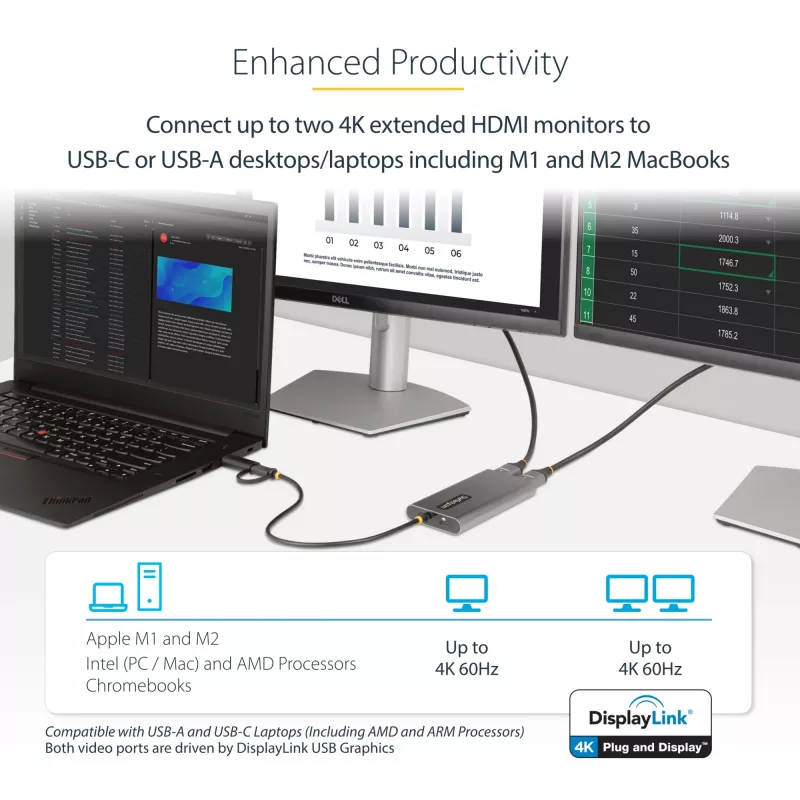 StarTech.com adattatore USB-C a doppio HDMI – USB-C o A a 2x HDMI – 4K 60Hz – 100W Power Delivery Pass-Through – cavo integrato da 30 cm (1ft) – convertitore USB-HDMI multi-monitor per laptop – TAA