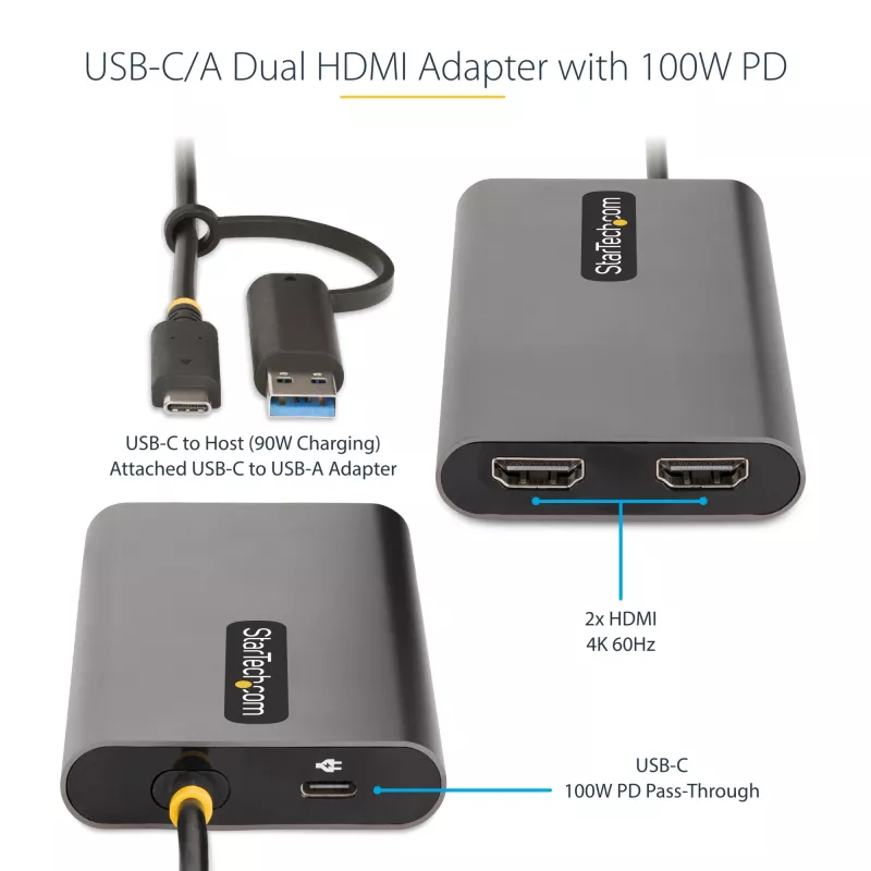 StarTech.com adattatore USB-C a doppio HDMI – USB-C o A a 2x HDMI – 4K 60Hz – 100W Power Delivery Pass-Through – cavo integrato da 30 cm (1ft) – convertitore USB-HDMI multi-monitor per laptop – TAA