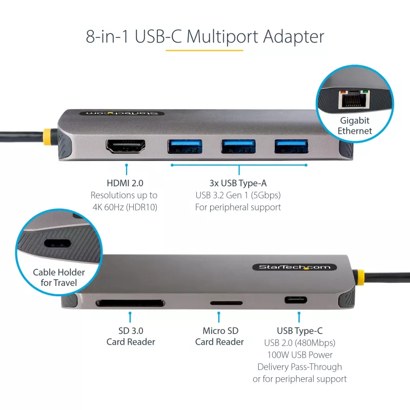 StarTech.com adattatore multiporta USB-C – video HDMI 4K 60Hz, hub USB-A a 3 porte 5Gbit/s, 100W USB Power Delivery pass-through/GbE/SD/MicroSD, cavo 30cm, docking station portatile per laptop