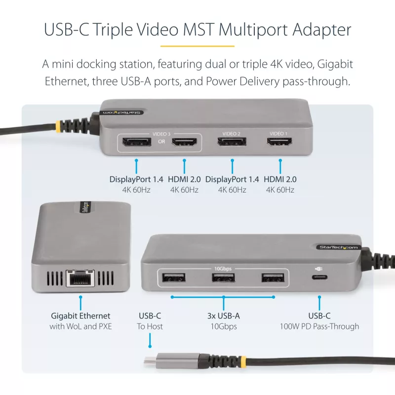 StarTech.com adattatore multiporta USB-C triple monitor, doppio 4K 60Hz + 4K 30Hz HDMI & DisplayPort, hub USB a 3 porte 10Gbps, 100W PD pass-through, GbE, travel dock, Windows & ChromeOS