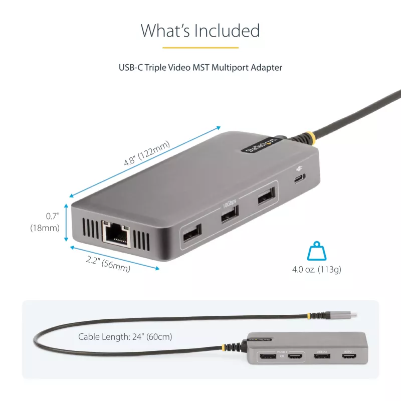 StarTech.com adattatore multiporta USB-C triple monitor, doppio 4K 60Hz + 4K 30Hz HDMI & DisplayPort, hub USB a 3 porte 10Gbps, 100W PD pass-through, GbE, travel dock, Windows & ChromeOS