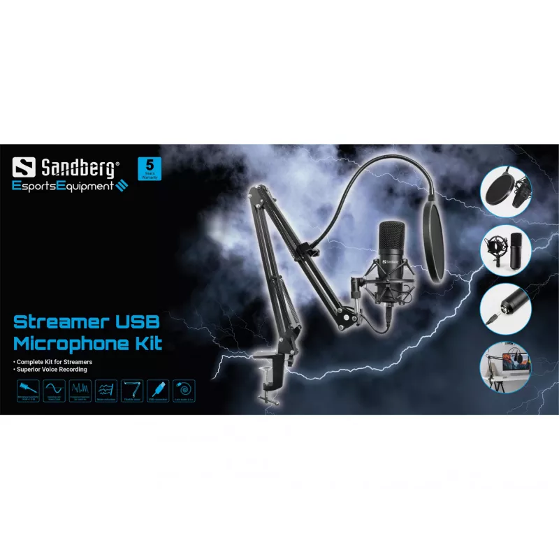 Sandberg Streamer kit microfono USB, microfono da studio, -27 dB, 30 - 16000 Hz, 24 bit, 96 kHz, unidirezionale