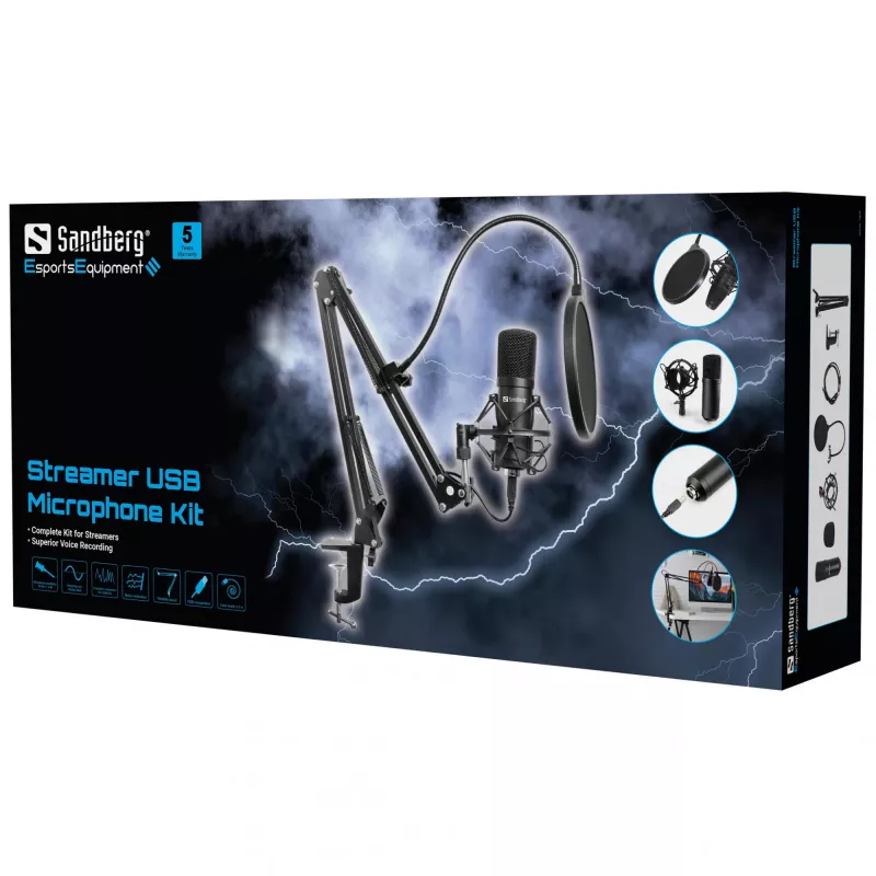 Sandberg Streamer kit microfono USB, microfono da studio, -27 dB, 30 - 16000 Hz, 24 bit, 96 kHz, unidirezionale