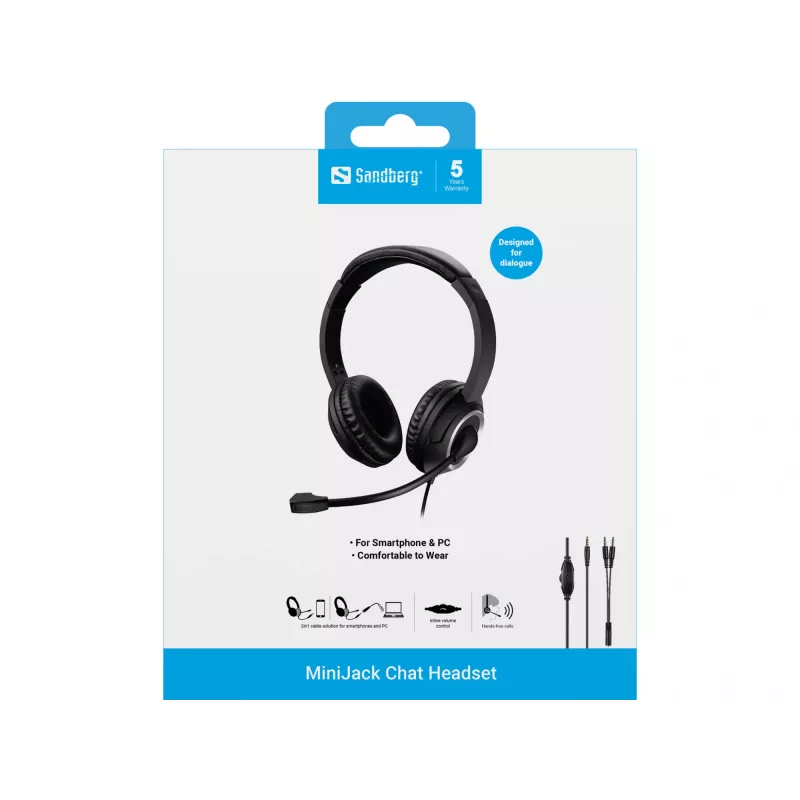 Sandberg MiniJack Chat headset, con filo, chiamate/musica, 20 - 20000 Hz, 180 g, headset, nero