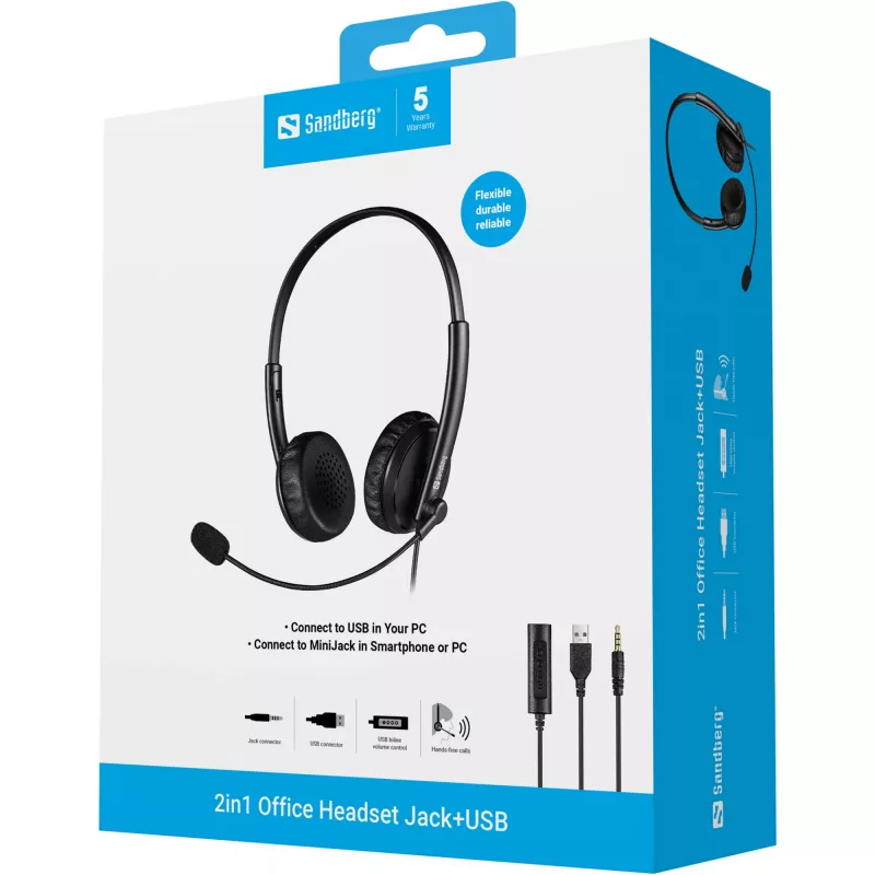 Sandberg 2in1 Office headset jack+USB, con filo, ufficio/call center, 20 - 20000 Hz, 110 g, cuffie, nero
