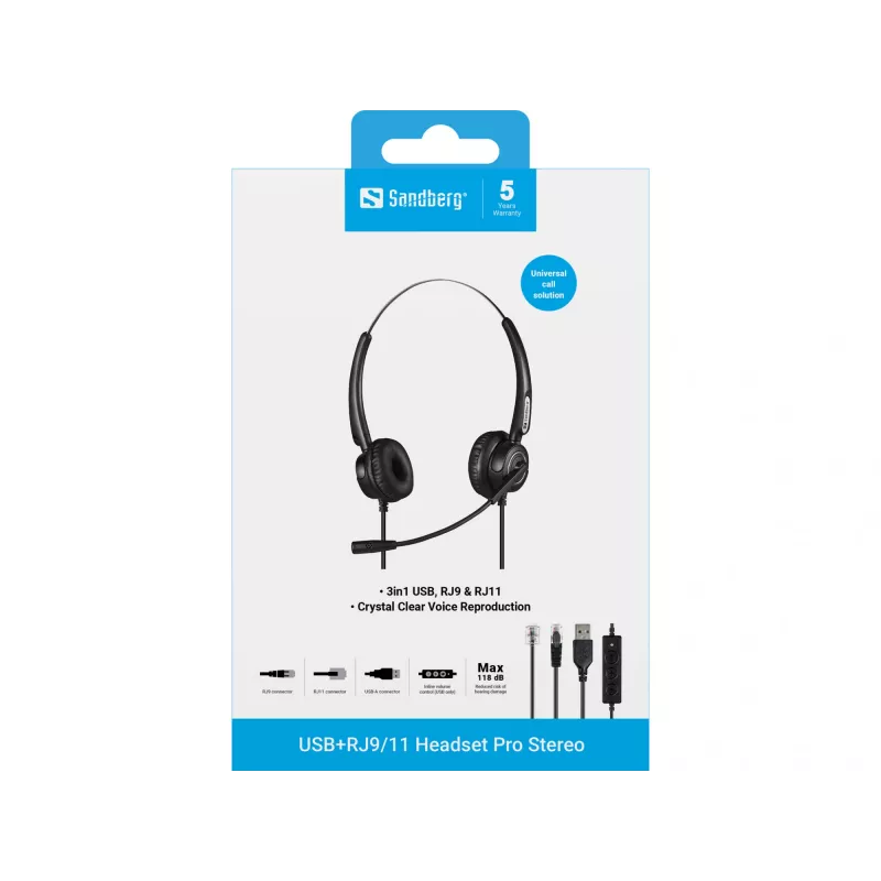 Sandberg USB+RJ9/11 Headset Pro Stereo, con filo, ufficio/call center, 20 - 7000 Hz, headset, nero