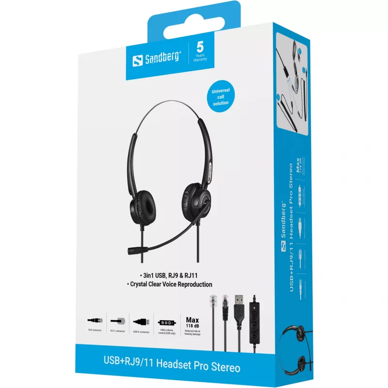 Sandberg USB+RJ9/11 Headset Pro Stereo, con filo, ufficio/call center, 20 - 7000 Hz, headset, nero
