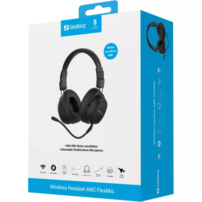 Sandberg headset wireless ANC FlexMic, senza fili, gaming, 20 - 20000 Hz, 211 g, headset, nero