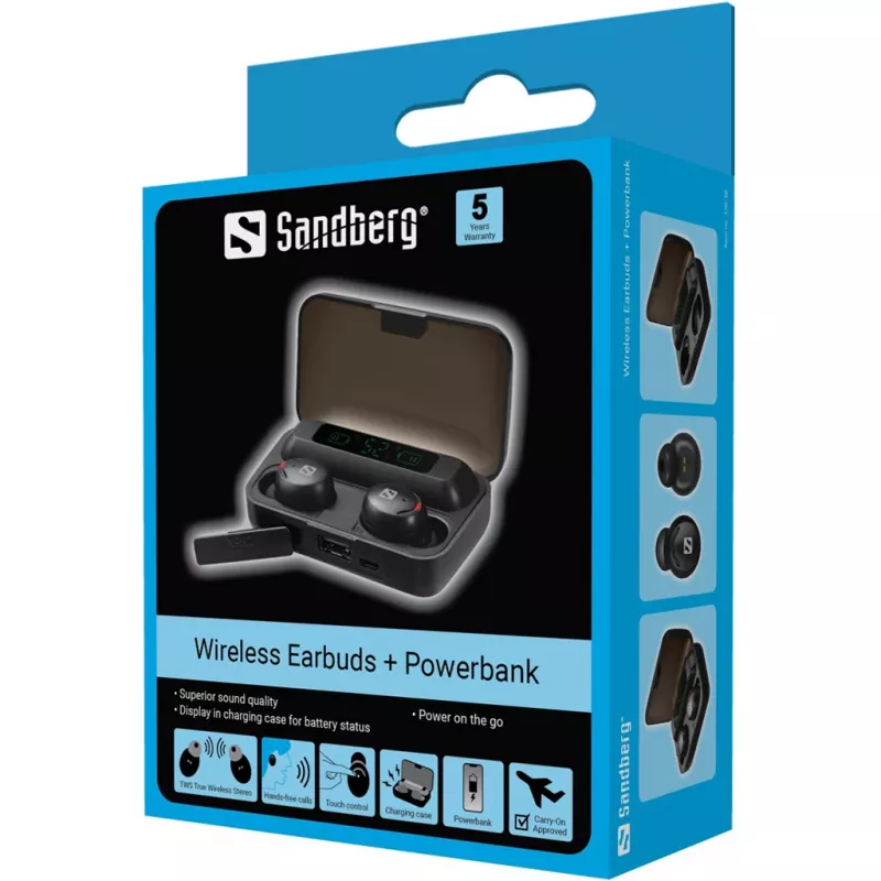 Sandberg Wireless Earbuds + Powerbank, True Wireless Stereo (TWS), 20 - 20000 Hz, chiamate/musica, headset, nero