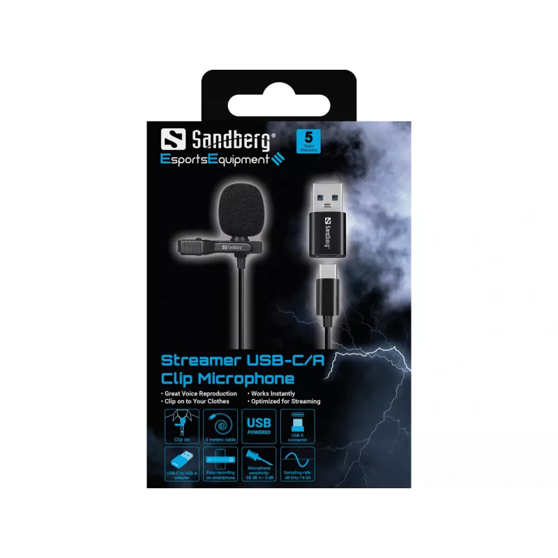 Sandberg Streamer microfono clip USB, microfono lavalier/da applicare, -38 dB, 50 - 18000 Hz, 16 Bit, 48 kHz, 84 dB
