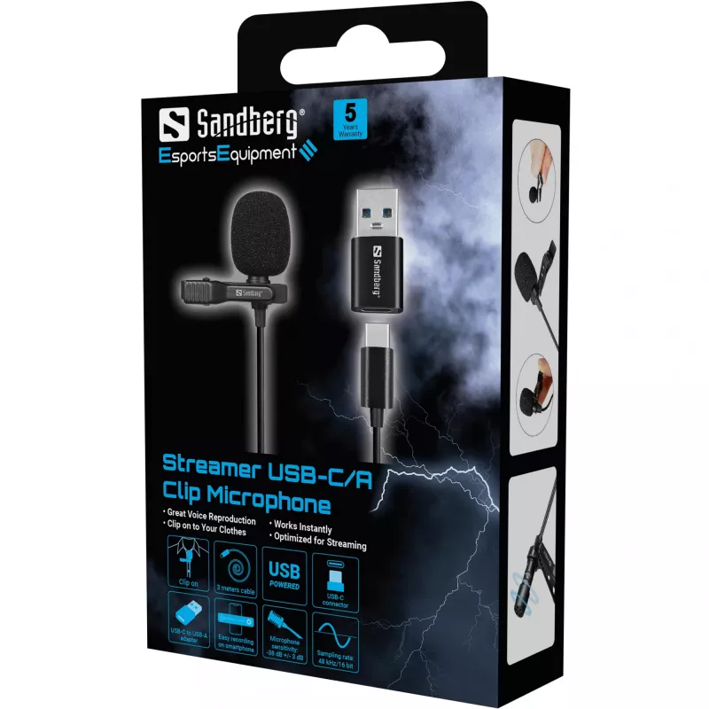 Sandberg Streamer microfono clip USB, microfono lavalier/da applicare, -38 dB, 50 - 18000 Hz, 16 Bit, 48 kHz, 84 dB