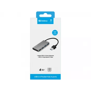 Sandberg USB 3.0 Pocket Hub 4 porte, USB 3.2 Gen 1 (3.1 Gen 1) Type-A, USB 3.2 Gen 1 (3.1 Gen 1) Type-A, 5000 Mbit/s, bianco, alluminio, RoHS