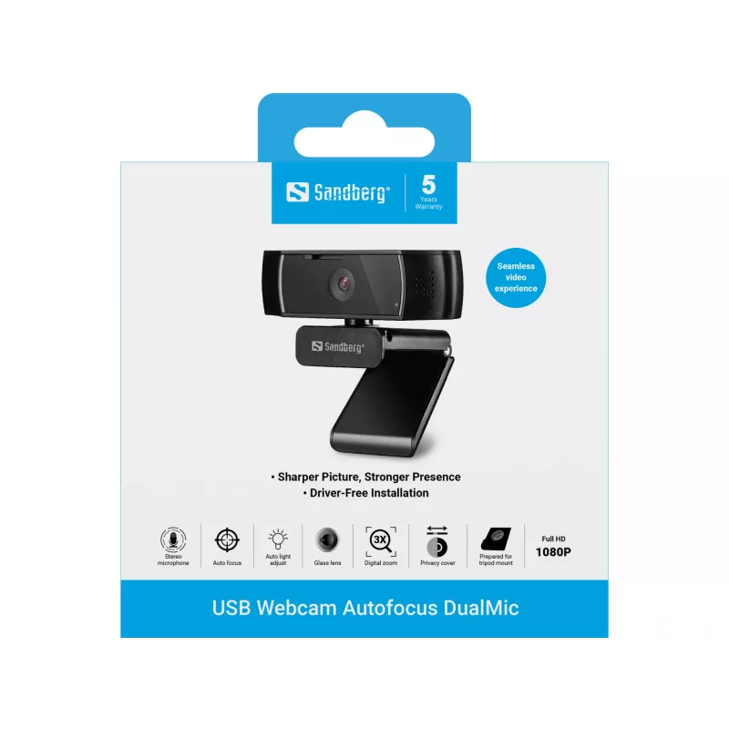 Sandberg webcam USB Autofocus DualMic, 2,07 MP, 1920 x 1080 pixel, Full HD, 30 fps, 70°, 70°